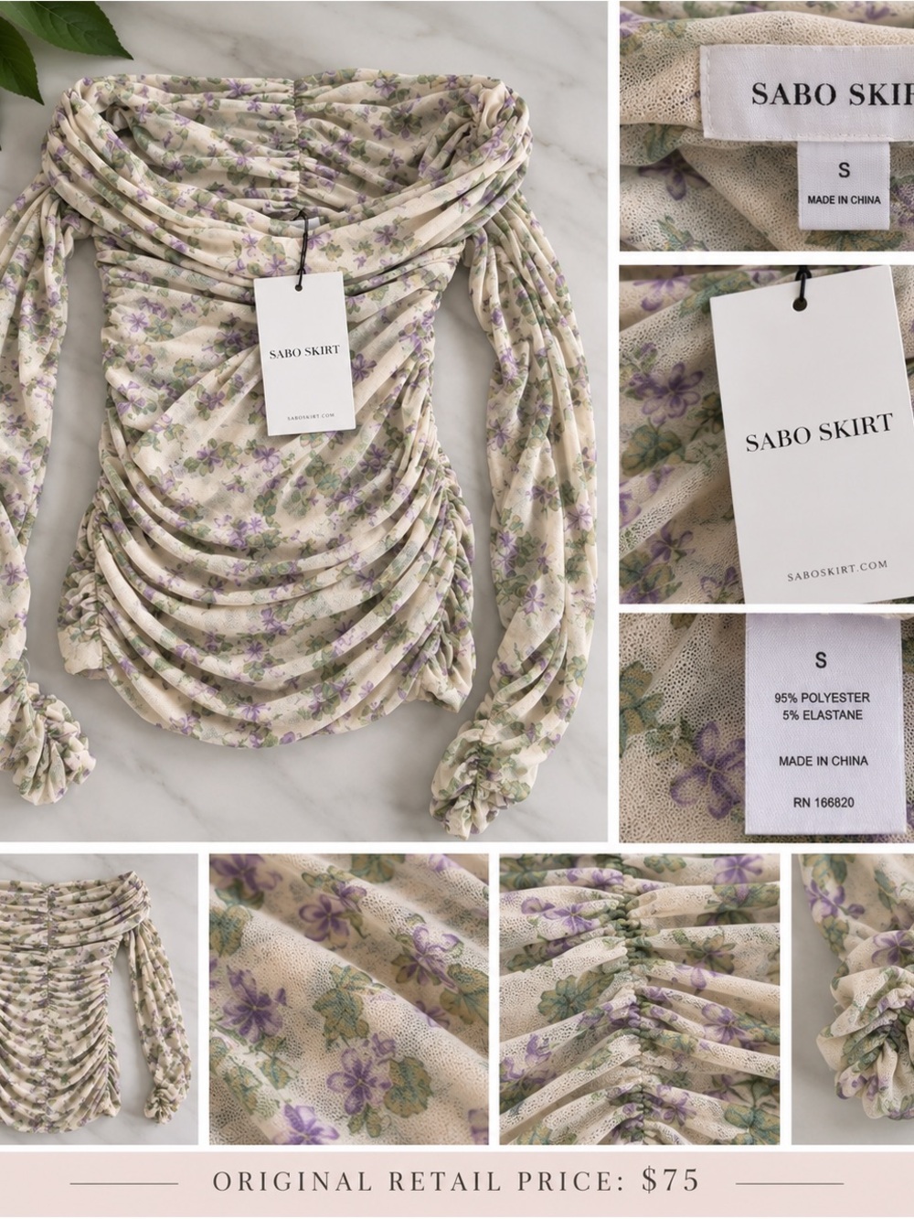 SWF  Women's Floral Ruched Off-Shoulder Top in Cream and Lavender